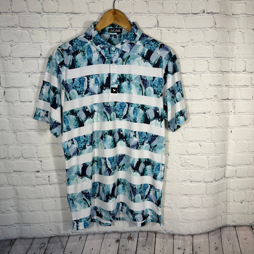 Bad Birdie Mens Blue Cactus Striped Performance Golf Polo Shirt Size Small